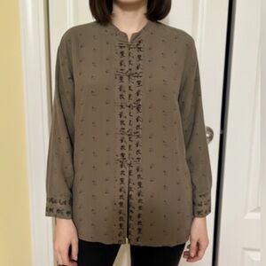 Chico's Mandarin Style Tunic Silk/Linen 3/4 Sleeve Knot/ Loop Slit Sides Size 2